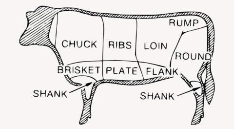 cow butchering chart showing various locations of cuts on a cow