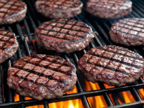 burgers cooking on a grill