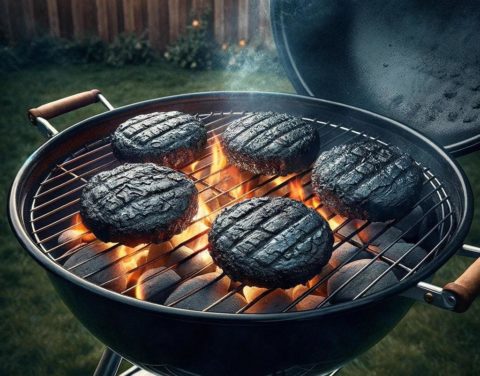 burnt burgers on grill
