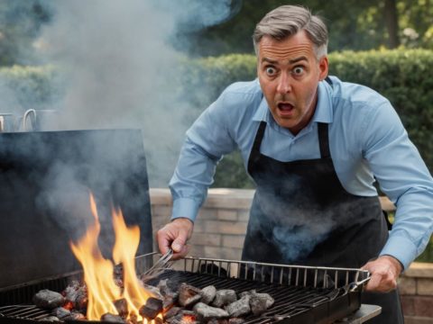 man with burnt food on a grill
