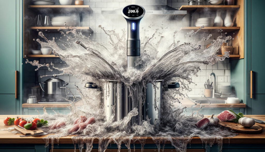 sous vide wand in a pot with water exploding out