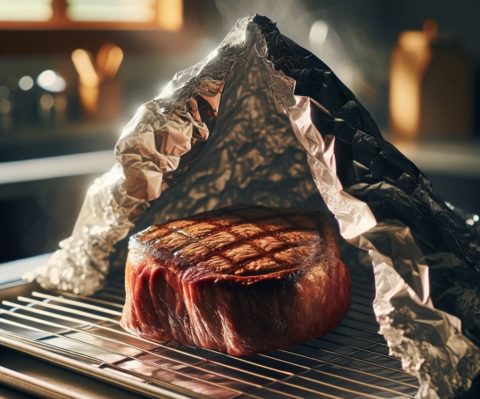 steak resting under foil tent