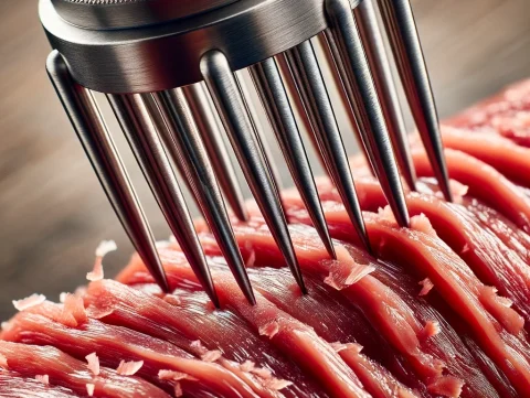 close up shot of needles poking meat