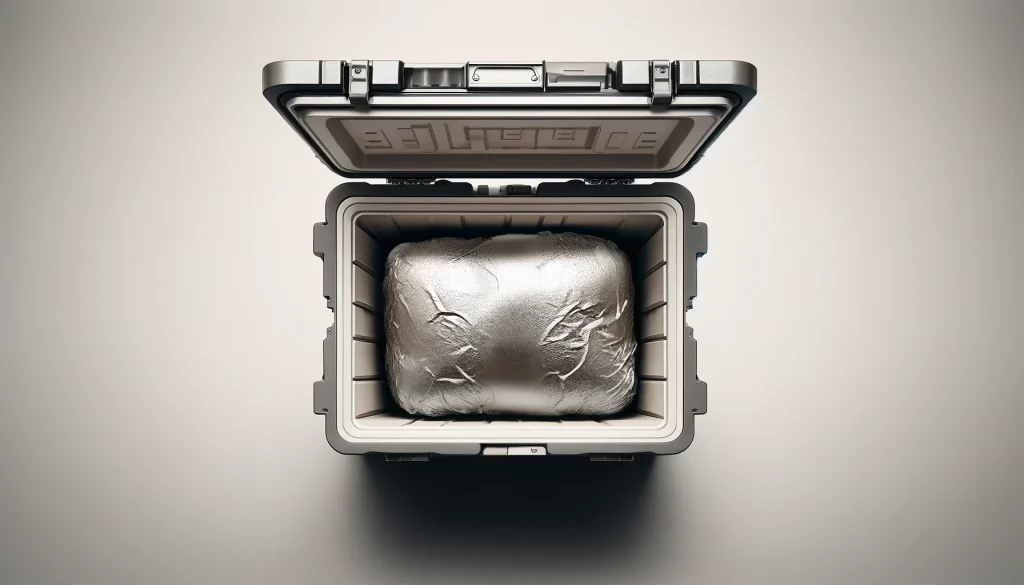 wrapped brisket resting in a cooler